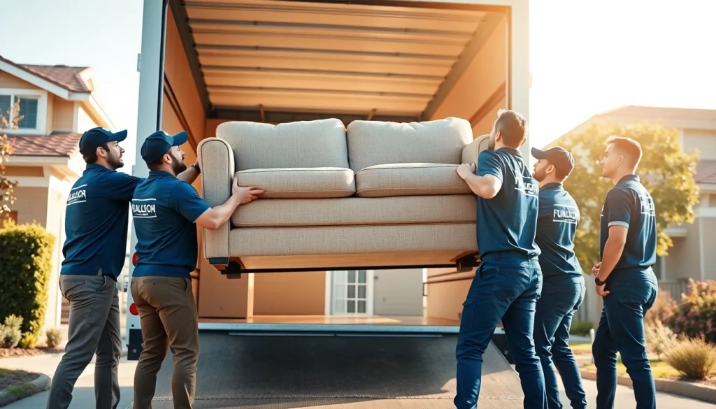 Professional furniture movers transporting a large couch into a truck in a suburban neighborhood.