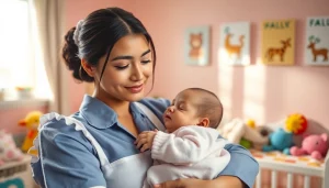 Infant care maid lovingly cradles a baby in a comforting nursery environment.