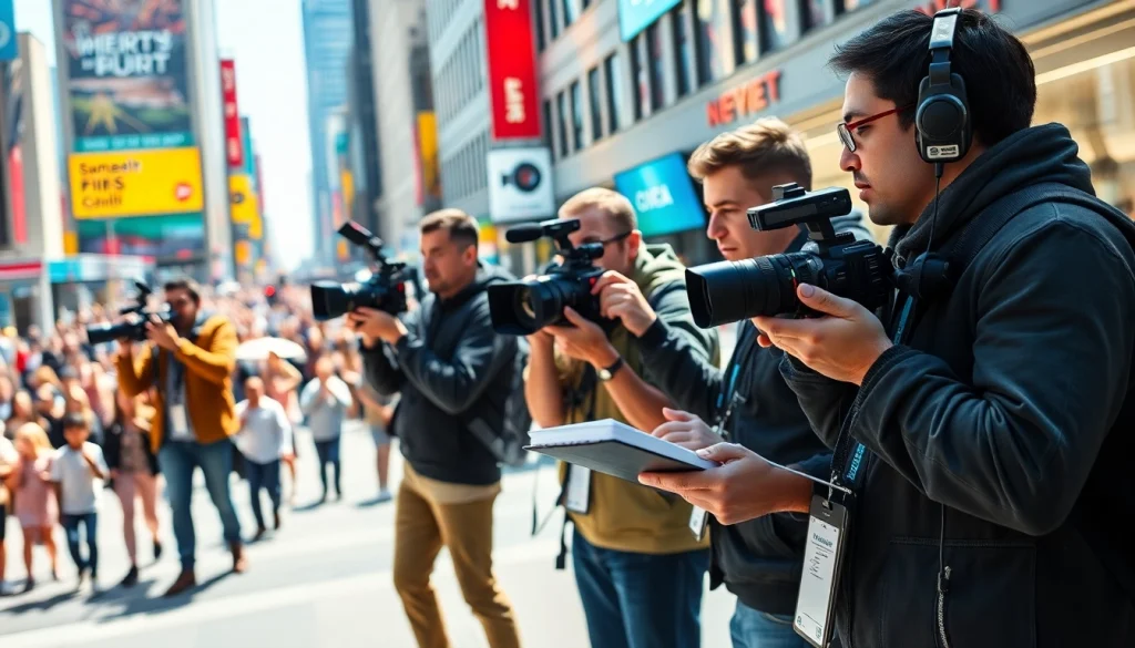 Journalists reporting live on important events via https://news-parade.com.ua in a vibrant urban setting.