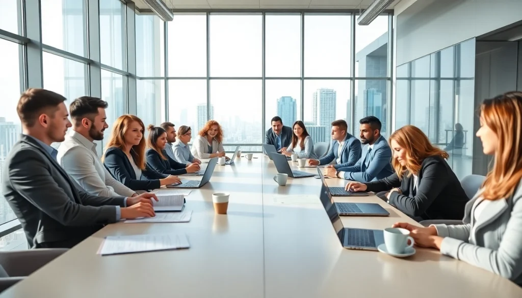 Business professionals collaborating in a modern office setting during a meeting.