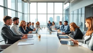 Business professionals collaborating in a modern office setting during a meeting.