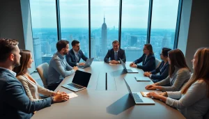 Business professionals collaborating in a modern meeting space with a city skyline backdrop.