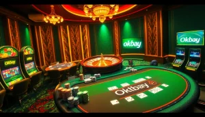 Experience high-stakes excitement at the okbay casino, featuring poker tables and roulette wheels.