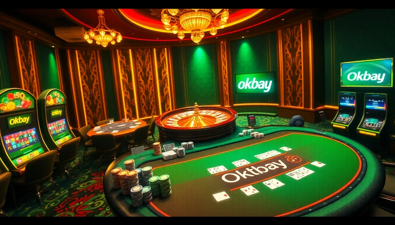 Experience high-stakes excitement at the okbay casino, featuring poker tables and roulette wheels.
