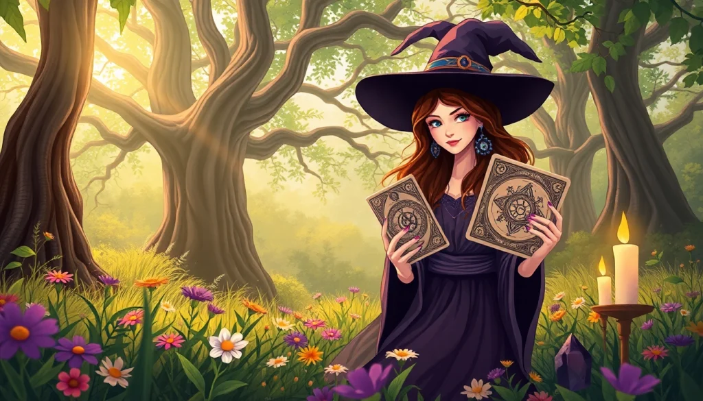 Engaging tarot reading session at https://julielynn.co surrounded by nature and mystical elements.