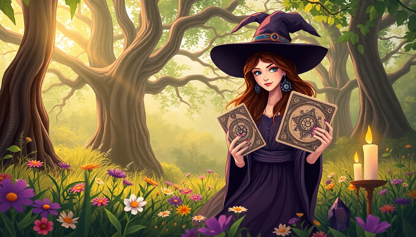 Engaging tarot reading session at https://julielynn.co surrounded by nature and mystical elements.