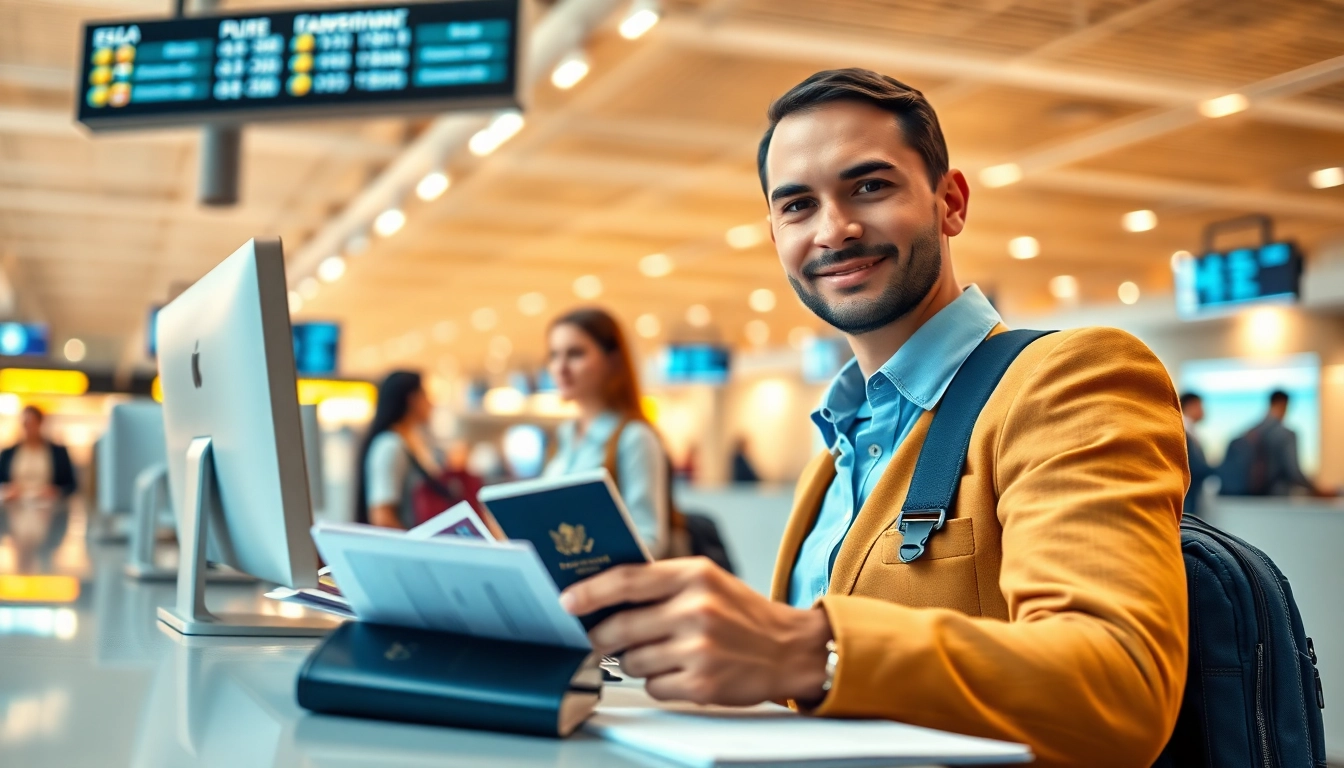 Assisting with the ESTA application at an airport, showcasing travel documents and a welcoming atmosphere.