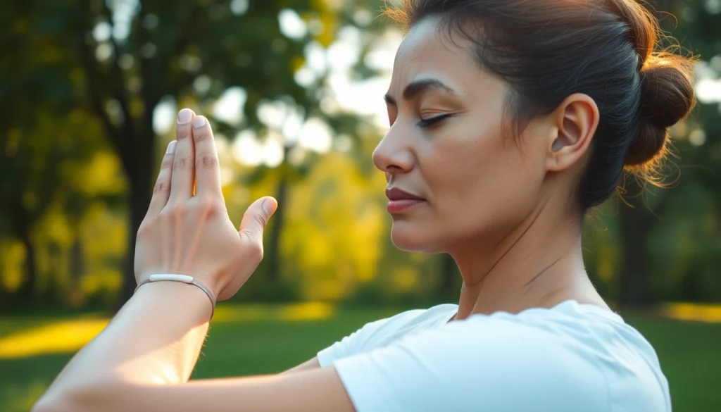 Experience Yoga AI with a focused yogi utilizing modern technology in serene outdoor peace.