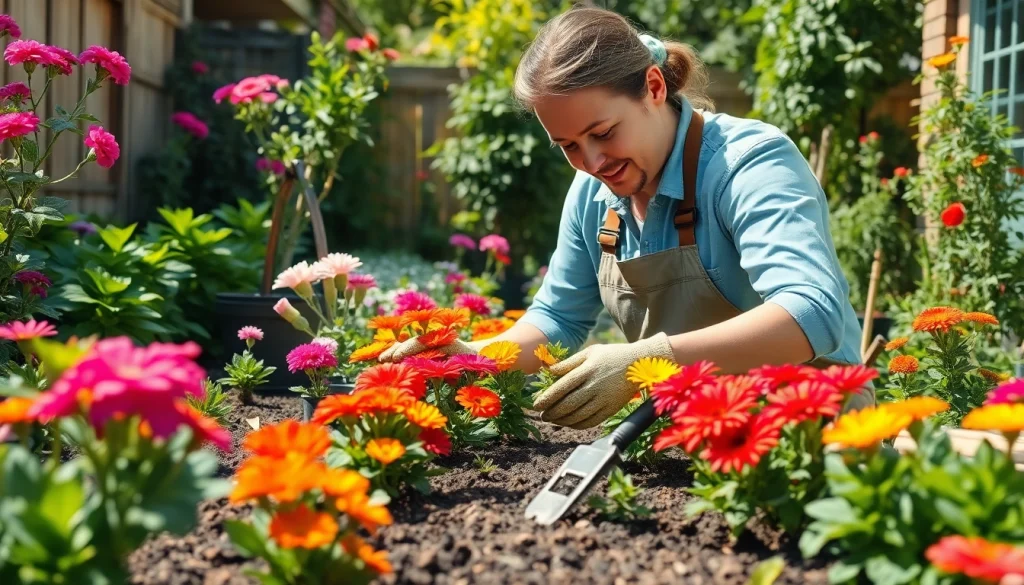 Gardening techniques showcased in a vibrant backyard garden with colorful flowers.