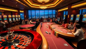 Rio casino scene with live dealer games, vibrant slots, and enthusiastic players engaging in high-stakes betting.