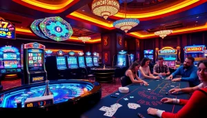 Excited players enjoying a glamorous casino experience at MM88 with vibrant slot machines.