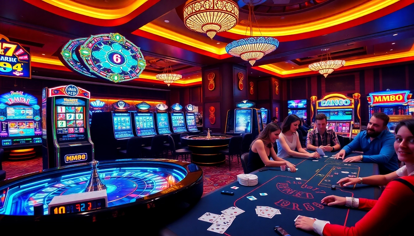 Excited players enjoying a glamorous casino experience at MM88 with vibrant slot machines.