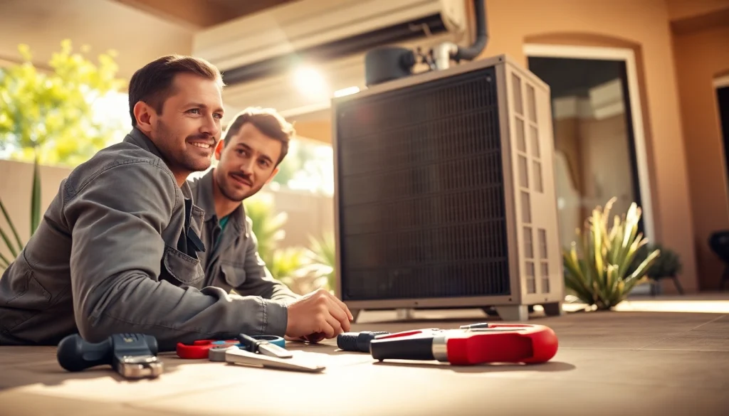 Technician servicing Scottsdale AC unit in a sunlit home environment, showcasing expertise and comfort.