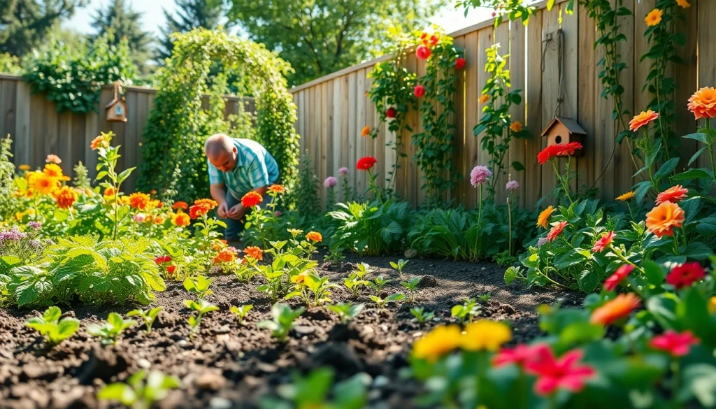 Gardening activity in a vibrant garden showcasing diverse plants and flowers being tended.