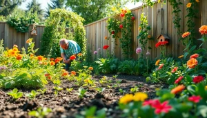 Gardening activity in a vibrant garden showcasing diverse plants and flowers being tended.
