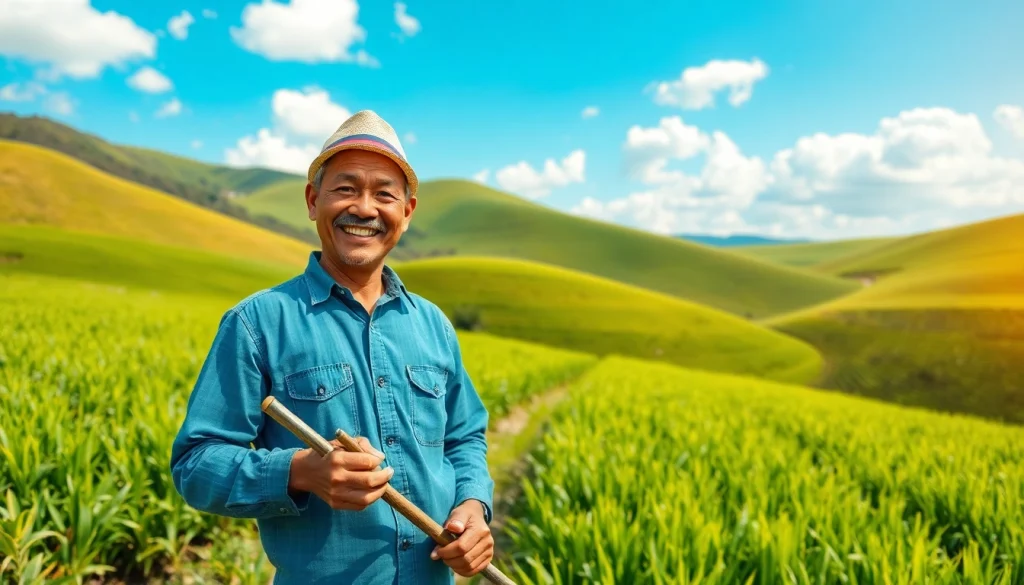 Menggambarkan petani toto yang ceria sedang merawat ladang hijau di desa Indonesia