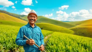 Menggambarkan petani toto yang ceria sedang merawat ladang hijau di desa Indonesia