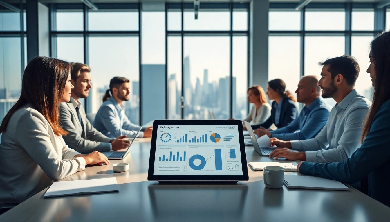 Engage in Business strategies during a meeting in a modern office.