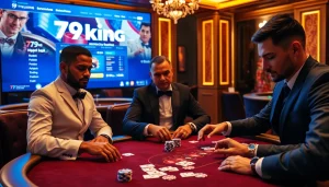 Engaged players enjoying a thrilling poker game at 79king online casino, featuring luxurious elements.