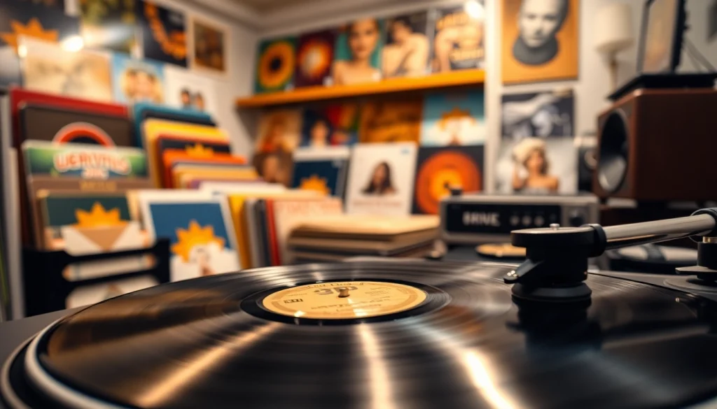 Buy vinyl India selection displayed elegantly in a home studio, featuring vibrant LP covers and turntables.