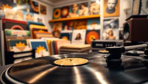 Buy vinyl India selection displayed elegantly in a home studio, featuring vibrant LP covers and turntables.