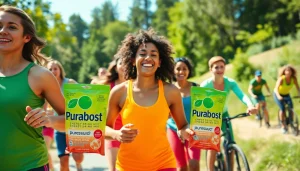 Puraboost energizing drink mix showcased in an active outdoor lifestyle scene.