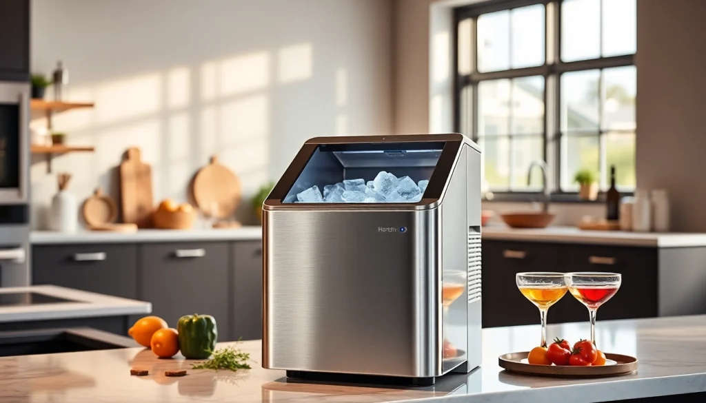 Showcase an affordable ice maker in a modern kitchen, highlighting design and functionality for buyers.