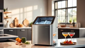Showcase an affordable ice maker in a modern kitchen, highlighting design and functionality for buyers.