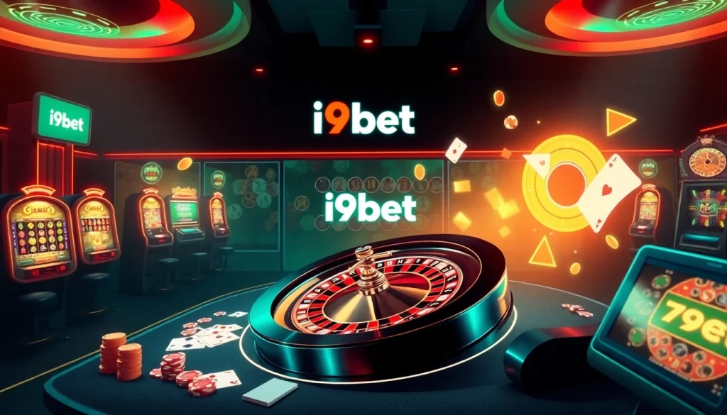 i9bet online casino scene showcasing excitement at the roulette wheel with vibrant gaming elements