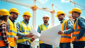 Construction workers collaborating on-site, highlighting diverse careers in construction.