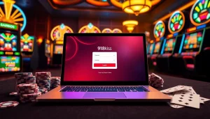 Experience excitement with effortless 918kiss login on a sleek gaming interface surrounded by vibrant casino elements.