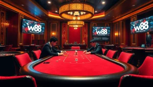 Engaged players compete at a W88 poker table in a luxurious casino setting.