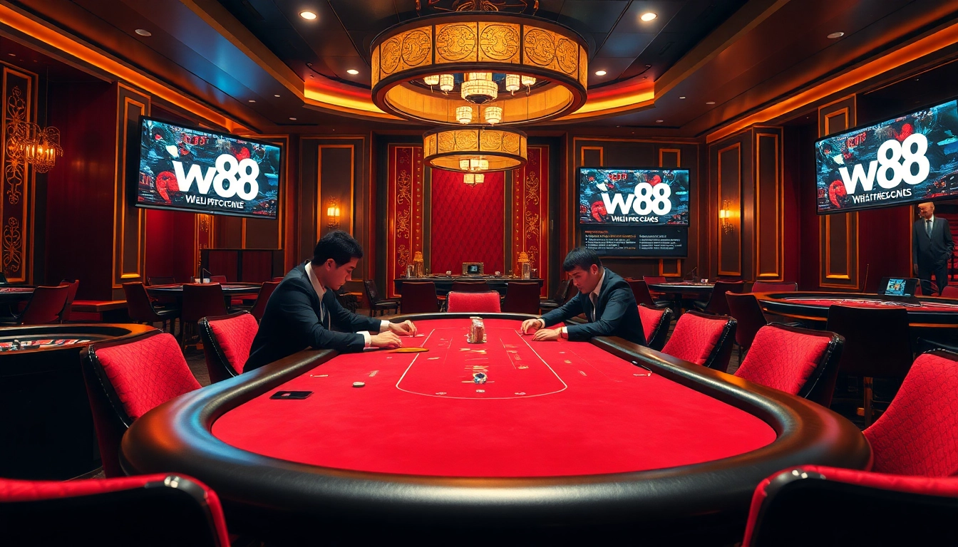 Engaged players compete at a W88 poker table in a luxurious casino setting.