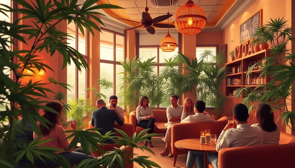 Enjoying camaraderie at a cannabis club Madrid with lush greenery and cozy atmosphere.