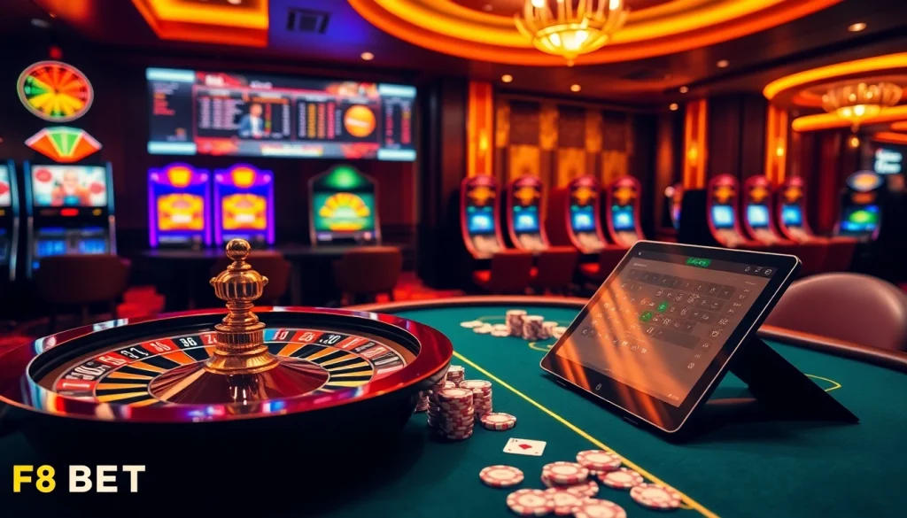 Experience thrilling gameplay at F8 BET with vibrant casino tables and dynamic slot machines.