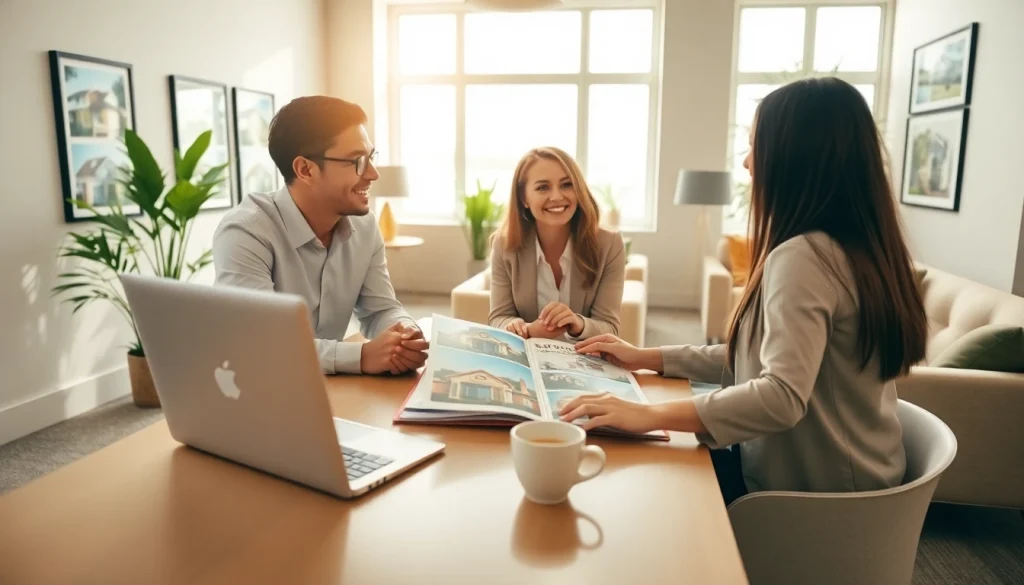 Real Estate agent assisting clients in a bright office setting with welcoming ambiance.