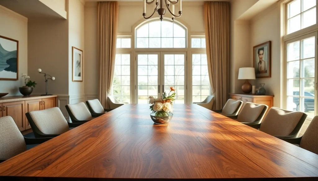 Elegant custom dining table in a sunlit setting, showcasing craftsmanship and warmth.