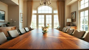 Elegant custom dining table in a sunlit setting, showcasing craftsmanship and warmth.