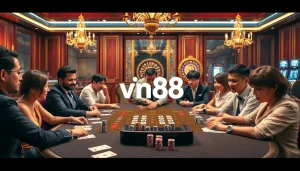 Experience the thrilling action at vn88 poker tables with players engrossed in high-stakes games.
