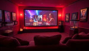 Cozy home theater setup showcasing vibrant movie posters and plush seating for an immersive filme experience.