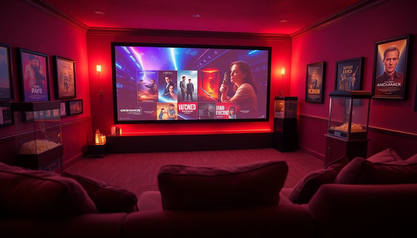 Cozy home theater setup showcasing vibrant movie posters and plush seating for an immersive filme experience.