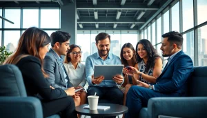 Business team collaborating on a digital tablet in a modern office environment.