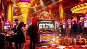 Experience the thrill of the Raja Barong Slot as players engage amidst vibrant casino lights.