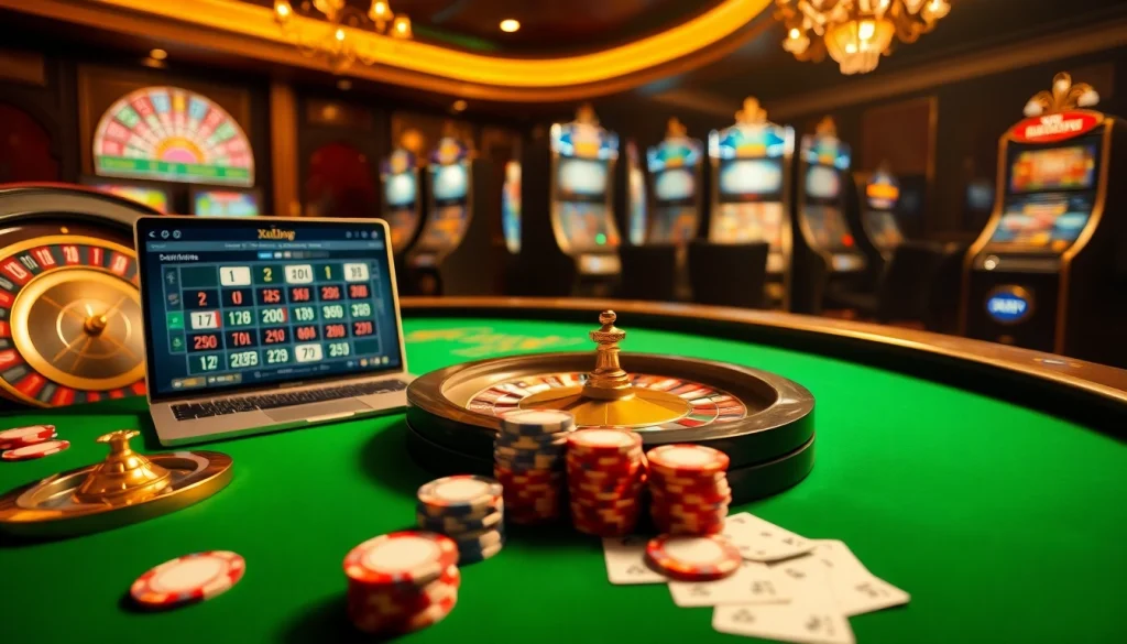 An exciting online gambling experience at https://xn88.ru.com/ showcasing poker chips and roulette wheels in a luxurious casino setting.