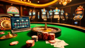 An exciting online gambling experience at https://xn88.ru.com/ showcasing poker chips and roulette wheels in a luxurious casino setting.