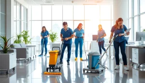 Cleaning crew efficiently working as a commercial cleaning company in a modern office environment.