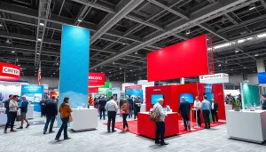 Engage with dynamic trade show displays showcasing vibrant designs at a busy exhibition.