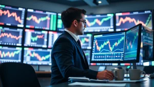 Trader analyzing strategies with hotforex mt4 platform on multiple screens in a modern office environment.