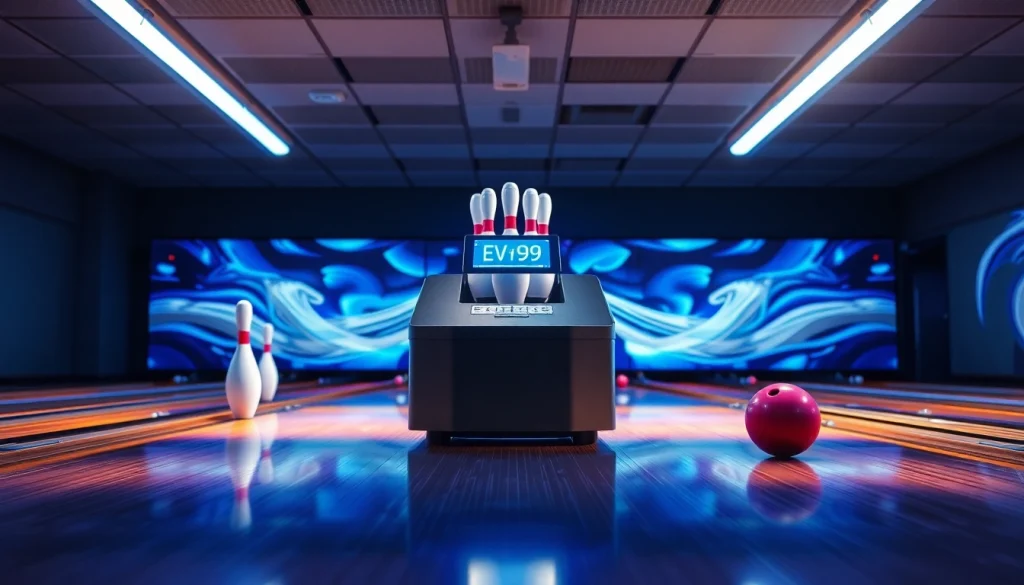 String bowling manufacturer showcasing advanced bowling machine EV99 in a dynamic bowling alley.
