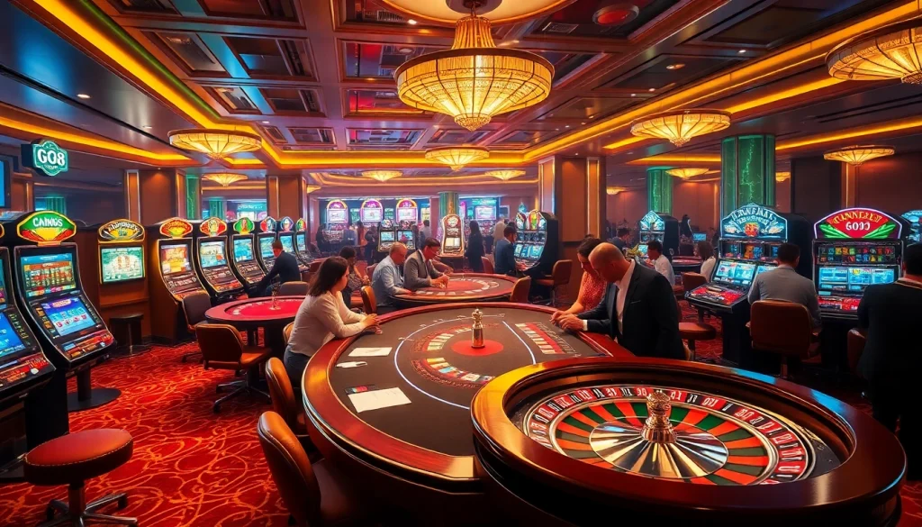 Engage in thrilling gameplay at GO8, featuring an elegant online casino interface with vibrant tables and slot machines.